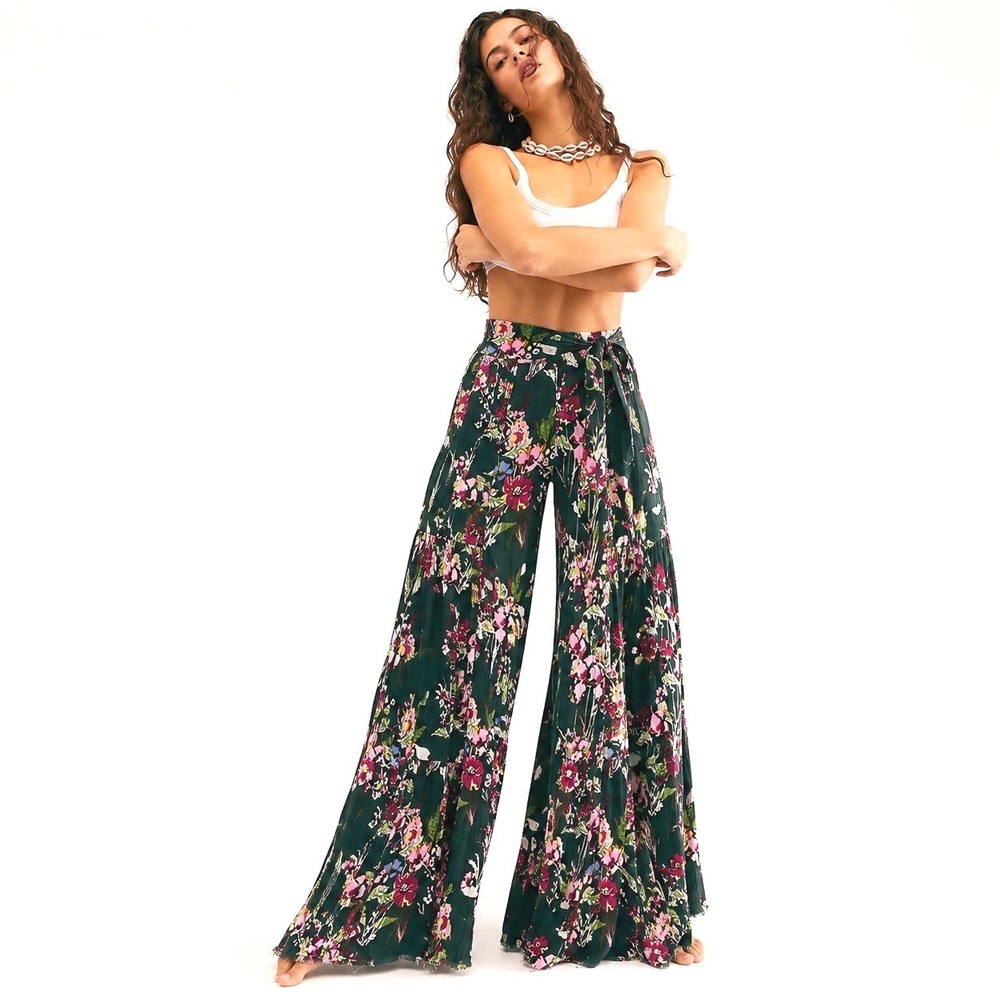 Free People FP One Floral Wide Leg Pants Green Womens Small Boho Gauze Palazzo